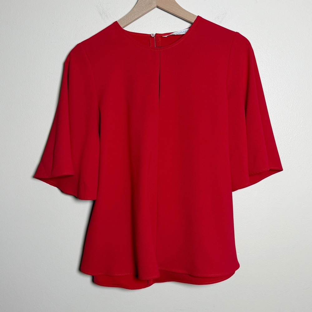 Zara Womens Blouse S Red Bell Sleeve Keyhole Back Tie Peplum Minimalist Chic